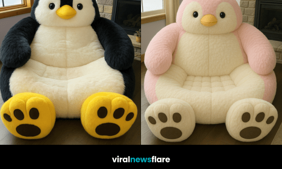 Collection of oversized plush penguin lounger chairs in black, pink, lavender and blue colourways