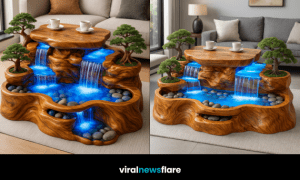 Statement waterfall coffee table with sculpted wood, glowing water features and natural design elements