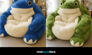 Collection of oversized frog lounger chairs in blue, pink, purple, and green plush finishes