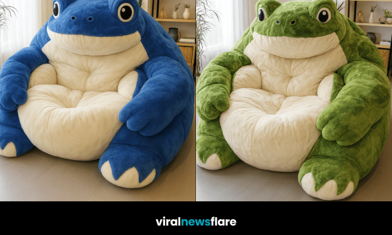 Collection of oversized frog lounger chairs in blue, pink, purple, and green plush finishes