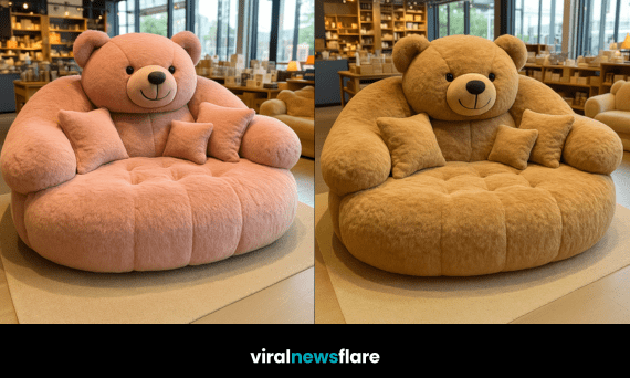 Collection of oversized teddy bear lounger chairs in neutral and pastel colours displayed in a modern showroom