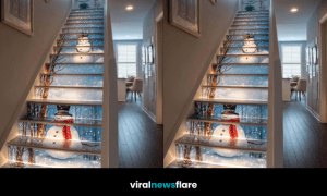 LED illuminated Christmas staircase with panoramic snowman winter artwork