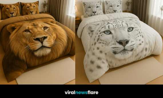 Collection of tiger, lion, panther, and snow leopard bedding sets in stylish bedroom settings