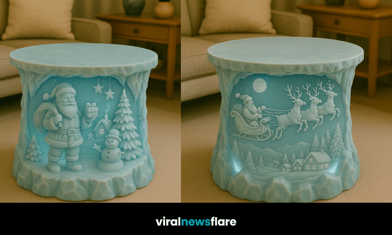 Collection of frosted blue sculpted Christmas tables featuring Santa, snowmen, and glowing winter scenes
