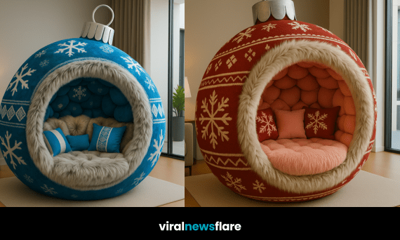 Festive bauble-shaped lounge chair with snowflake patterns and faux fur trim in a modern living room