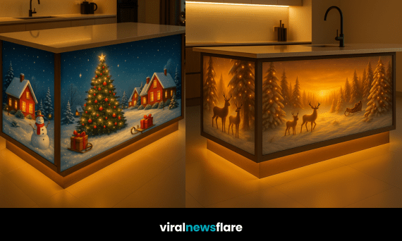Glowing kitchen island with illuminated festive scene featuring Santa, snowman, and Christmas tree in a modern kitchen.