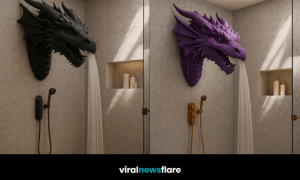 Decorative dragon-shaped shower head in a luxury modern bathroom setting.