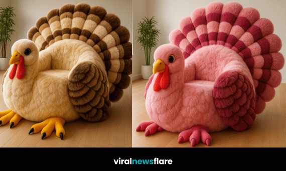 A collection of colourful turkey-shaped armchairs in cream, pink, peach, and teal shades displayed in a modern room