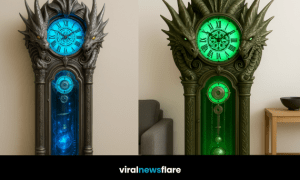 Four dragon-themed grandfather clocks glowing in blue, orange, green, and white designs.