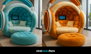Collection of colourful furry headphone lounge pods in pink, orange, blue, and purple