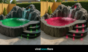 Natural rock waterfall with LED lighting in a modern garden setting