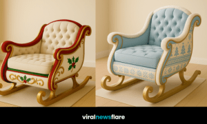 A collection of colourful sleigh-style festive armchairs in blue, pink, red, and green