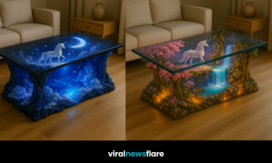 Collection of magical unicorn fantasy tables with glowing illuminated bases and dreamlike forest designs