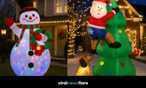 Collection of glowing inflatable Christmas decorations including Santa, snowman, and gingerbread man