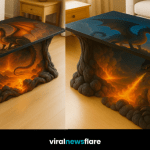 Detailed dragon coffee table glowing with lava-like illumination in a modern home