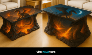 Detailed dragon coffee table glowing with lava-like illumination in a modern home