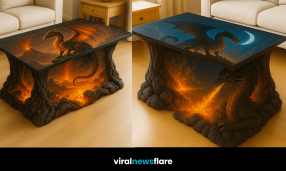 Detailed dragon coffee table glowing with lava-like illumination in a modern home