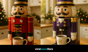 Four Nutcracker Coffee Machines in red, blue, purple, and pink creating a festive holiday coffee display
