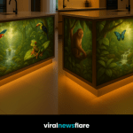 Collection of rainforest kitchen islands featuring exotic animals and glowing jungle scenery