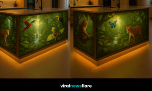 Collection of rainforest kitchen islands featuring exotic animals and glowing jungle scenery