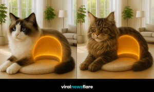 A lifelike cat-shaped cosy cat cave bed with a glowing interior in a modern living room.