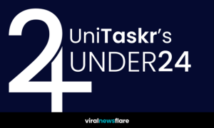 Official UniTaskr 24 Under 24 Awards logo showcasing bold white text on a navy background, representing the celebration of the UK’s young creative leaders.