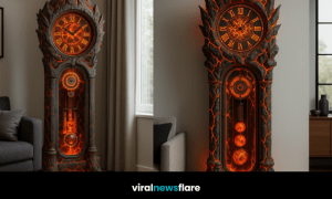 Fiery lava-inspired grandfather clock glowing in a contemporary living space