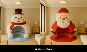 Collection of four festive loungers shaped like Santa, Snowman, Reindeer, and Elf in a warm Christmas-themed setting