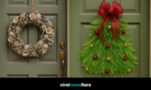 Collection of festive Christmas wreaths and decorations on green doors showcasing a variety of seasonal designs