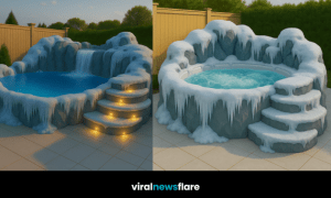 Scenic Arctic-themed hot tub with icy waterfall and LED step lighting in a garden setting