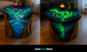Collection of aurora borealis-inspired coffee tables with glowing green skies and natural wood textures