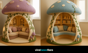 Collection of mushroom-shaped children’s reading pods in various colours including purple, pink, blue, and green