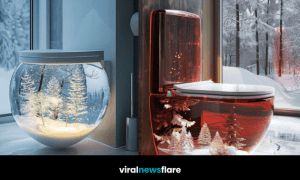 Collection of illuminated snow globe toilets featuring glowing winter forest scenes in modern bathrooms