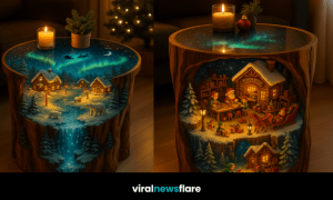 Enchanting Christmas village coffee table with glowing winter scenes, cabins, elves, and aurora lighting.