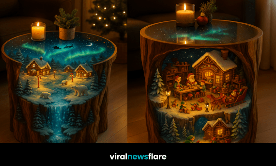 Enchanting Christmas village coffee table with glowing winter scenes, cabins, elves, and aurora lighting.