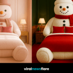 Collection of snowman-themed beds in festive winter bedroom settings.