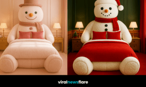 Collection of snowman-themed beds in festive winter bedroom settings.