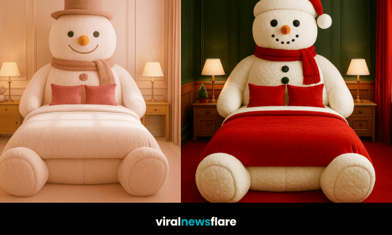Collection of snowman-themed beds in festive winter bedroom settings.