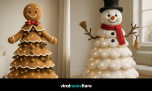 Four whimsical Christmas character trees including reindeer, Santa, gingerbread, and snowman designs.