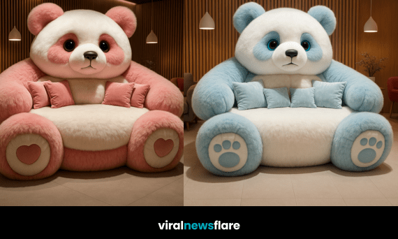 Collection of oversized panda character sofas in various colours arranged in a modern home setting.