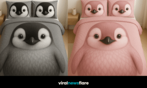 Collection of adorable penguin-themed bedding sets in multiple colours displayed in a cosy bedroom.