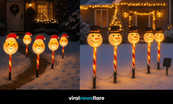 Festive garden display with glowing snowmen, Santas, candy canes, trees, and gingerbread lights