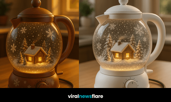 Glass snowglobe-style electric kettle featuring a glowing timber cabin and snowy landscape inside.