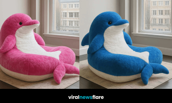 Collection of colourful dolphin-shaped armchairs in blue, pink, purple, and green displayed in a modern home