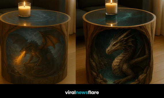 Magical dragon cave coffee table with star-themed resin top and atmospheric candlelight.