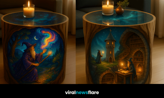 Collection of magical carved wooden tables featuring witches, wizards, celestial skies, and glowing illustrated scenes.