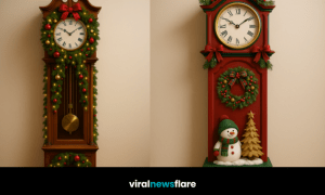Collection of decorative Christmas-themed grandfather clocks with festive garlands, snowmen, trees, and lights.