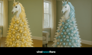 A collection of whimsical unicorn Christmas trees in pastel colours displayed in a cosy home setting.
