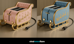 Collection of luxury sleigh-shaped Christmas toasters in multiple colours arranged on a modern kitchen counter.