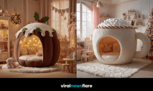 Collection of Christmas-themed plush loungers including tree, snowman, pudding, and mug designs arranged in festive rooms.